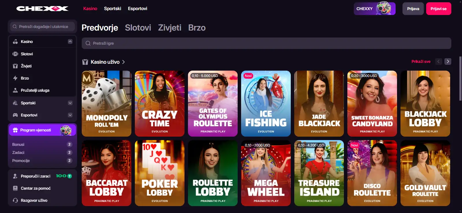 CHEXX kasino lobi s kategorijama igara, naslovima i filtrima za slotove