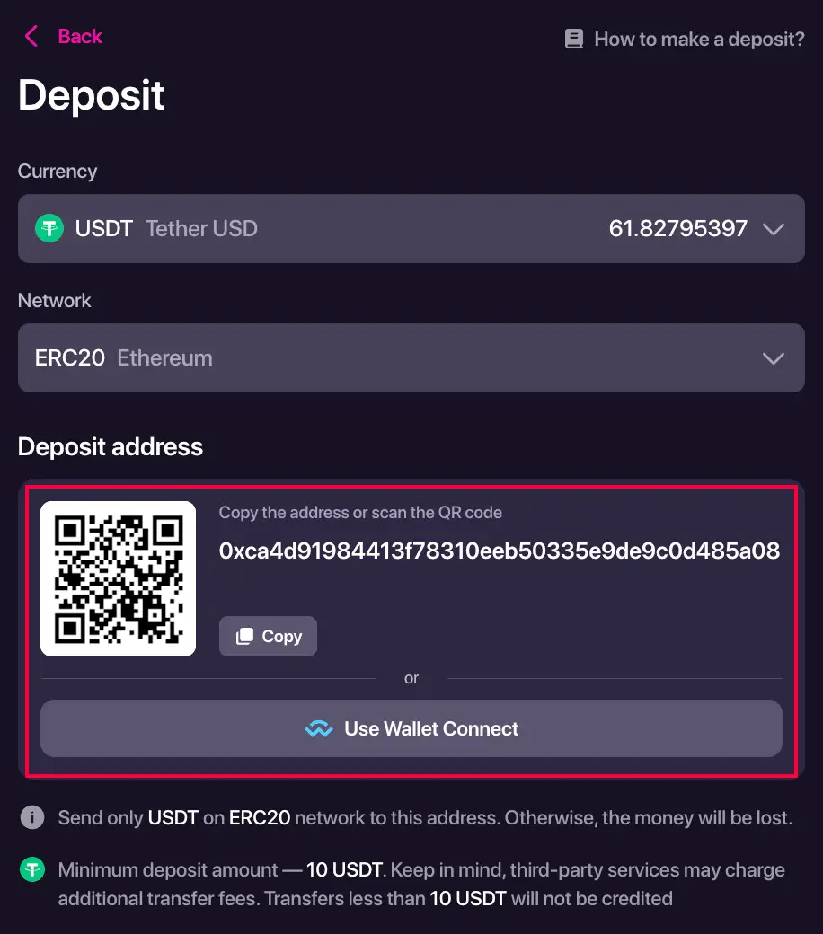 Prozor za kripto-uplatu s izborom valute i blockchain mreže