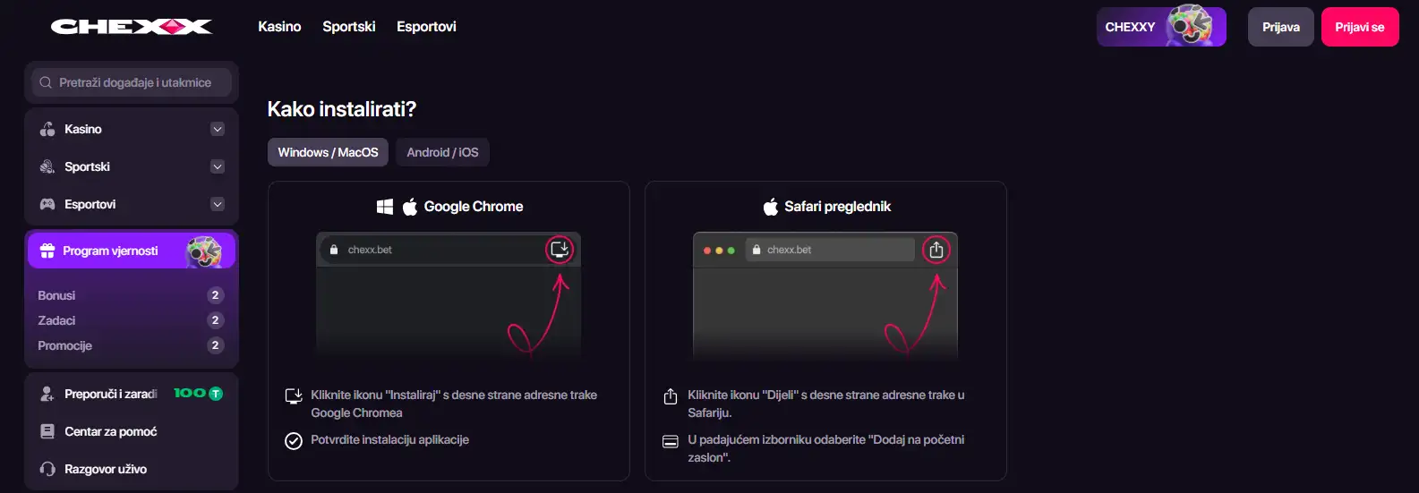 CHEXX stranica za instalaciju PWA na četiri podržane platforme
